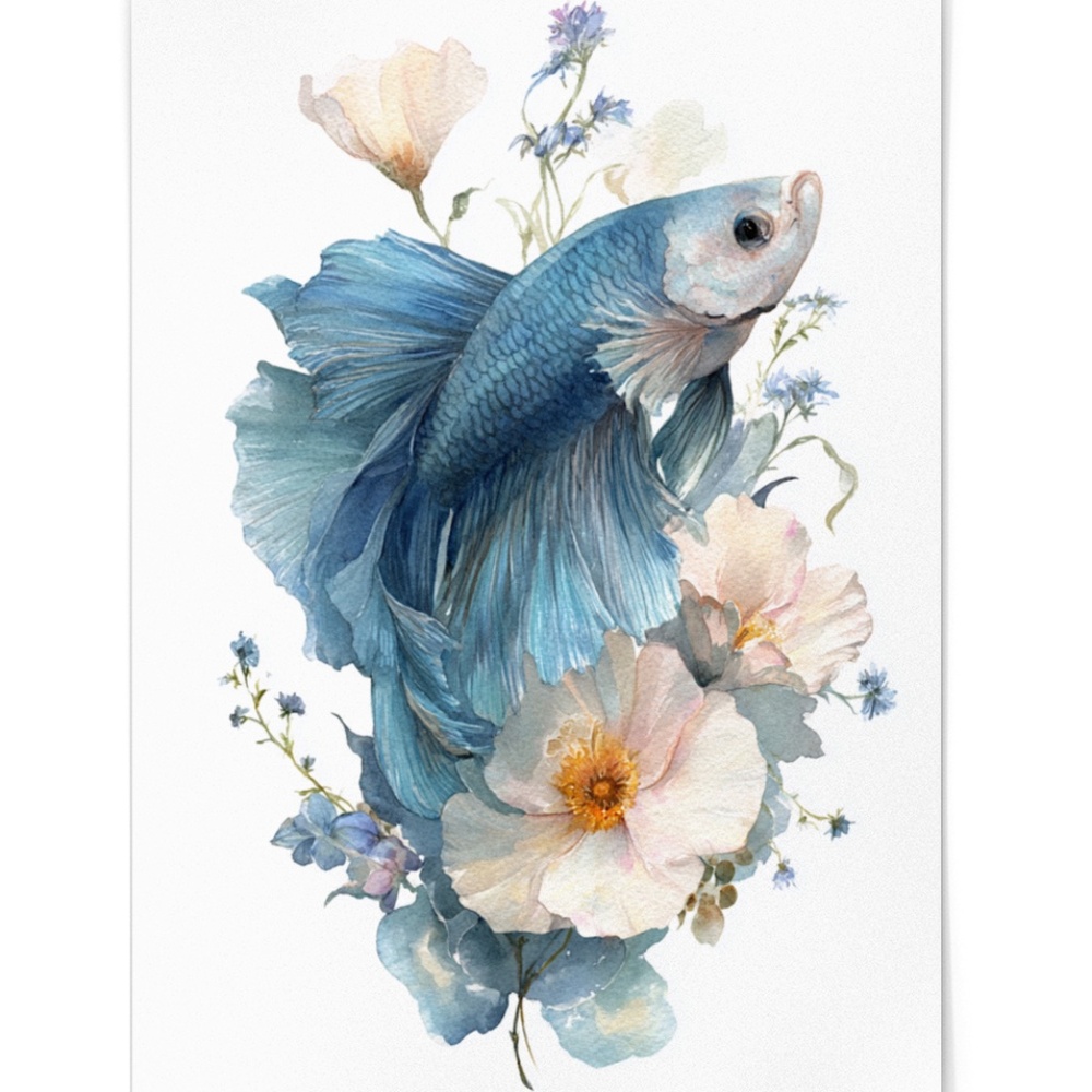 Watercolor Betta Fish with Flowers Wall Art Print Unframed - Enchanting Aquatic - Picture 2 of 6